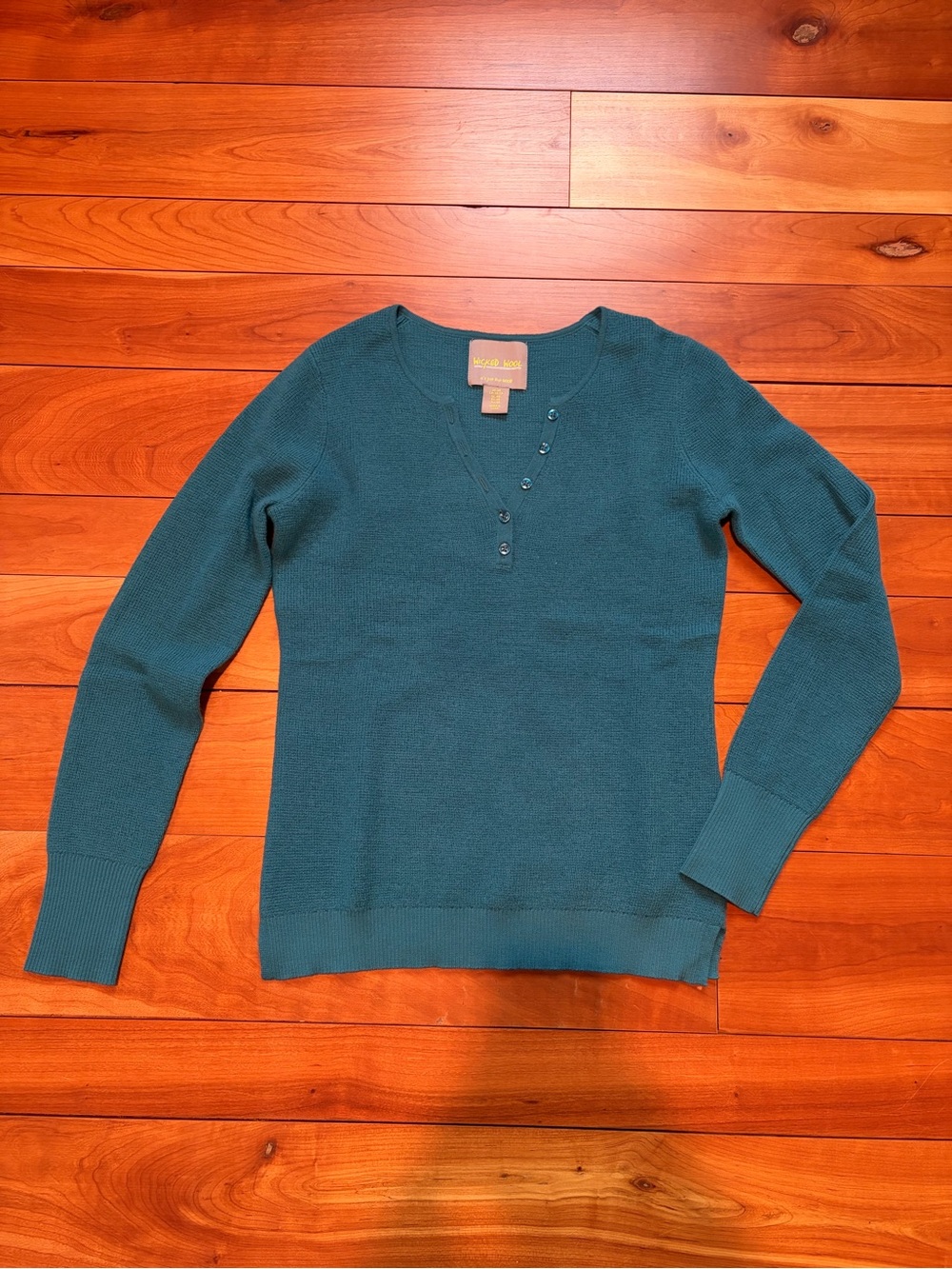Wicked Wool Teal Button-Trim V-Neck Sweater